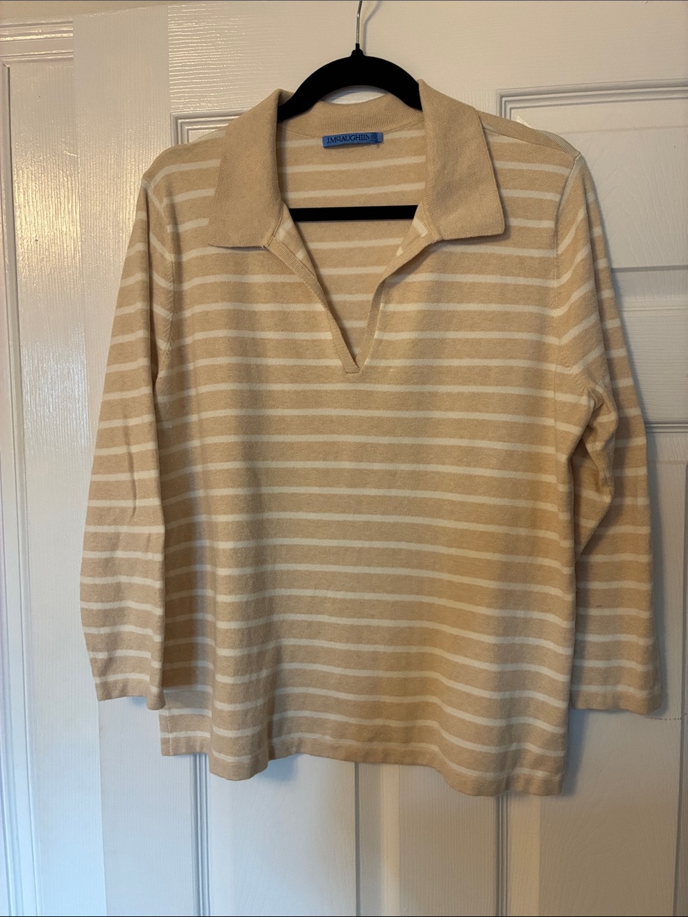 J.McLaughlin Beige and White Striped V-Neck Polo Sweater size xl
